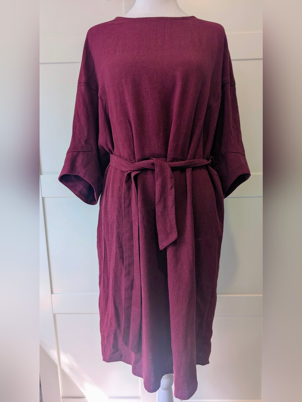 Cokluch Midi Linen Viscose Blend Belted Kimono Dress Burgundy Wine -M-
